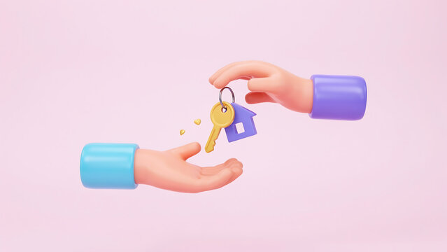 3D cartoon hand giving house key to another hand concept with property ownership illustration business mortgage transaction financial