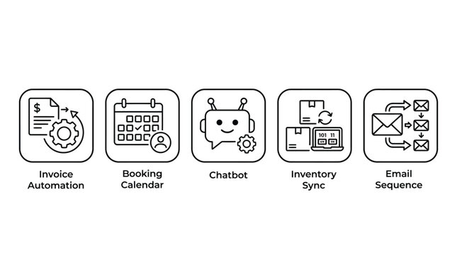 Five distinct minimalist vector line art icons representing business automation processes including invoicing scheduling chatbots inventory syncing and automated email sequences