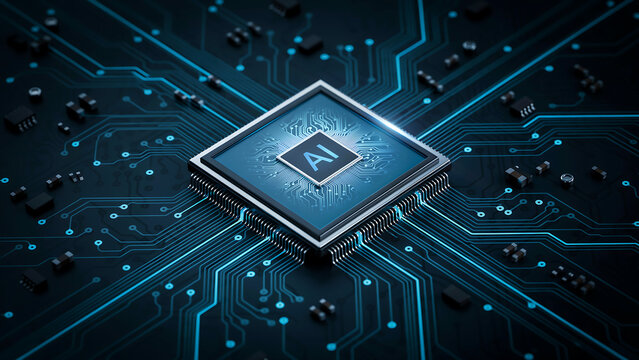 Artificial intelligence processor chip on circuit board background with technology processor computing electronics hardware motherboard intelligence innovation abstract connection computer