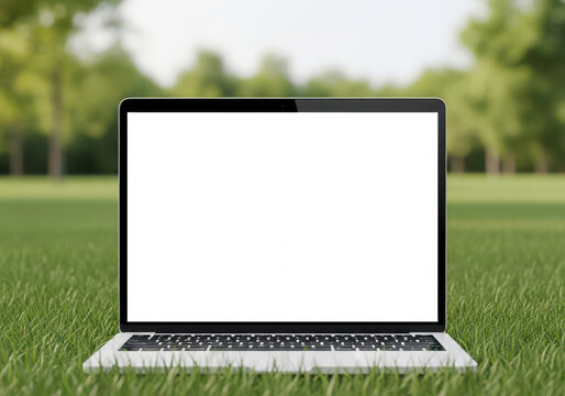 A modern laptop with a blank white screen placed on green grass