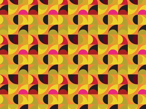 Bold seamless geometric pattern inspired by mid-century modern design, featuring layered semicircles, quarter circles, and overlapping circular forms arranged in a structured grid. 