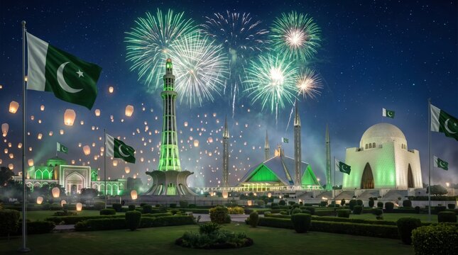 Pakistan independence day fireworks over minar e pakistan faisal mosque mazar e quaid with sky lanterns