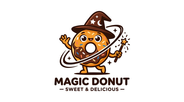 Cute magic donut character wearing a wizard hat holding a magic wand.