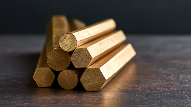 A precise stack of hexagonal and circular golden metal bars on a textured dark surface, showcasing various industrial elements and material beauty