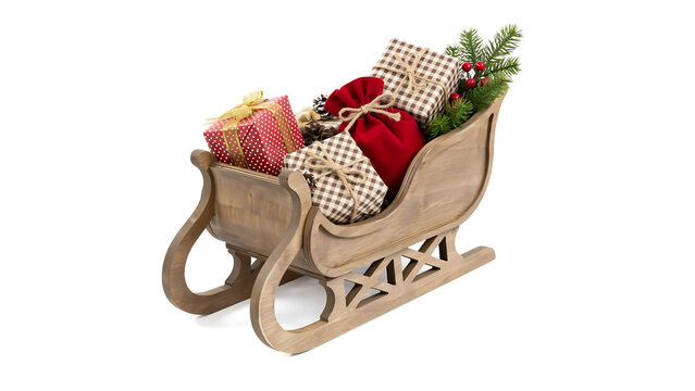 Wooden christmas sleigh loaded with wrapped gift boxes christmas decoration presents celebration ornament evergreen traditional interior seasonal cheerful wrapping