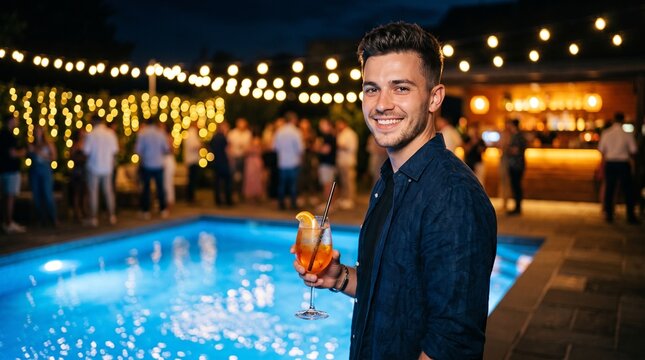 Smiling man holding cocktail glass at pool party. Young guy relaxing with drink during night celebration in summer. Festive atmosphere with glowing lights and outdoor swimming pool.