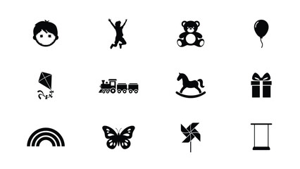 Fototapeta premium Whimsical black and white silhouette icons set with childhood themes clean lines bold contrast showcases minimalist collection icons evoking nostalgia