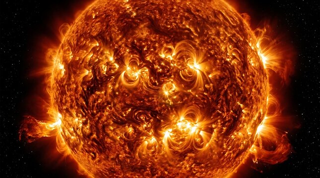 Fiery solar surface with intense plasma eruptions. Ultra HD close-up of suns turbulent, glowing corona in space.