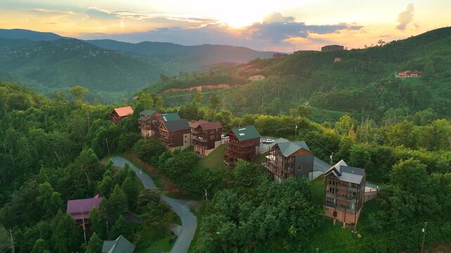 Mountain neighborhood around Gatlinburg, Tennessee with luxury cabins, winding roads and panoramic Smoky Mountain scenery