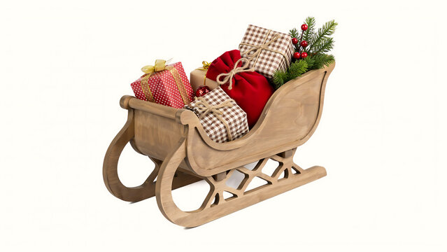 Decorative christmas sleigh filled with wrapped holiday gifts christmas decorations presents celebration isolated background ornament branches tradition shopping surprise