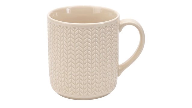 Cream colored ceramic coffee mug with knitted texture pattern beverage kitchenware isolated drinkware breakfast caffeine