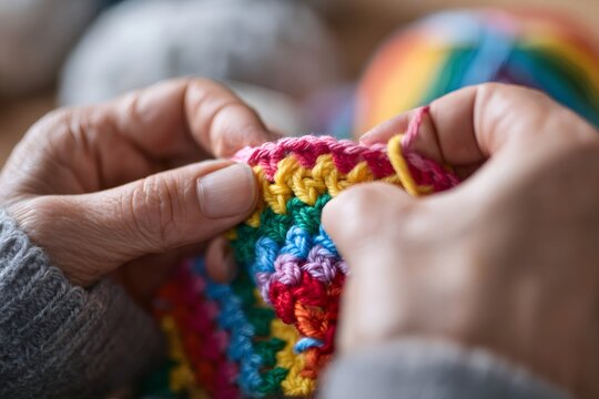 Close-up of a senior woman's hands crocheting with colorful rainbow yarn. Elderly person enjoying a needlework hobby in retirement