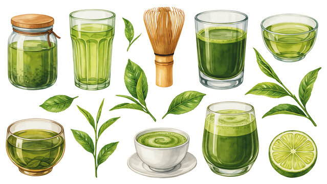 Watercolor matcha green tea collection with tea cup watercolor beverage lifestyle refreshment botanical illustration culinary antioxidant