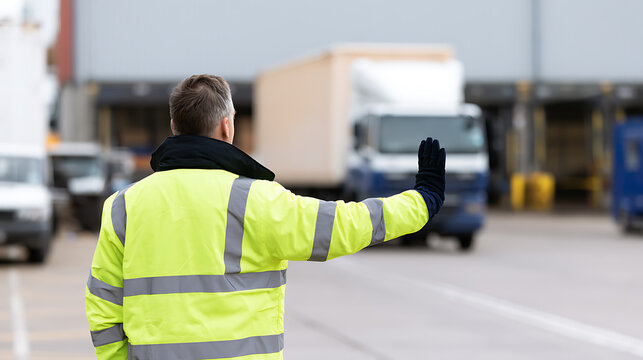 Safety marshal in high visibility apparel direct vehicle traffic at a busy industrial depot, ensuring order and hazard prevention in a logistics hub