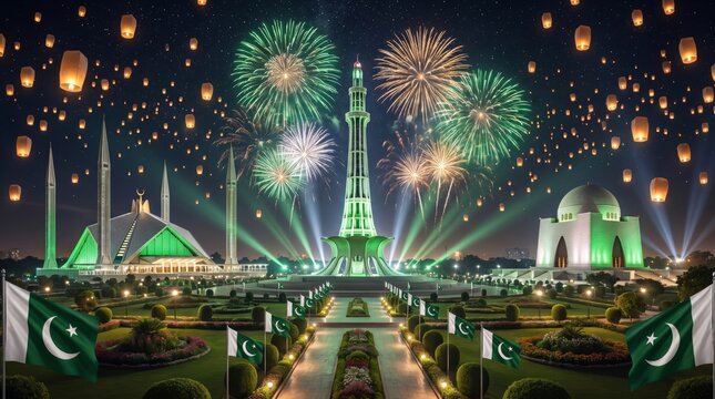 Pakistan independence day fireworks over minar e pakistan faisal mosque mazar e quaid with sky lanterns