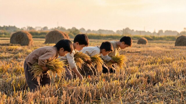  Gleaning in the Rice Field: Several children bending over in a harvested rice field, picking up leftover ears of rice, holding small bundles, only stubble remains, haystacks in distance, afternoon su