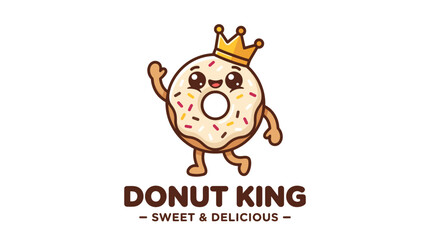 Fototapeta premium Cute Cartoon Donut Character Wearing a Golden Crown Logo.