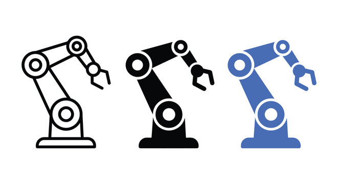 Robotic arm in three color variations a flat vector illustration silhouette robot industrial automation manufacturing mechanization mechanical articulated