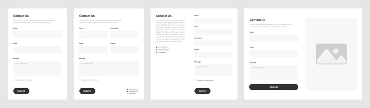 Website Contact Us Form Wireframe Vector templates, Modern Online Inquiry form or Message UI component Layout 
