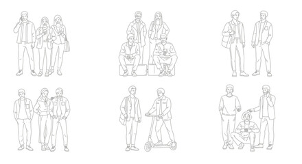 Obraz premium Diverse group of people sketched in a linear style walking and interacting