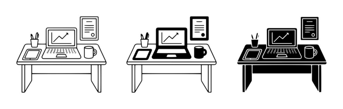 Home Office Desk Setup, Laptop, Tablet, Coffee Mug, Document, Vector Icons