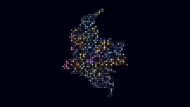 Colombia map animation. Shape of the country with pulsating colored dots. Small size square blocks. Digital style Colombia map on dark background. Classy video.