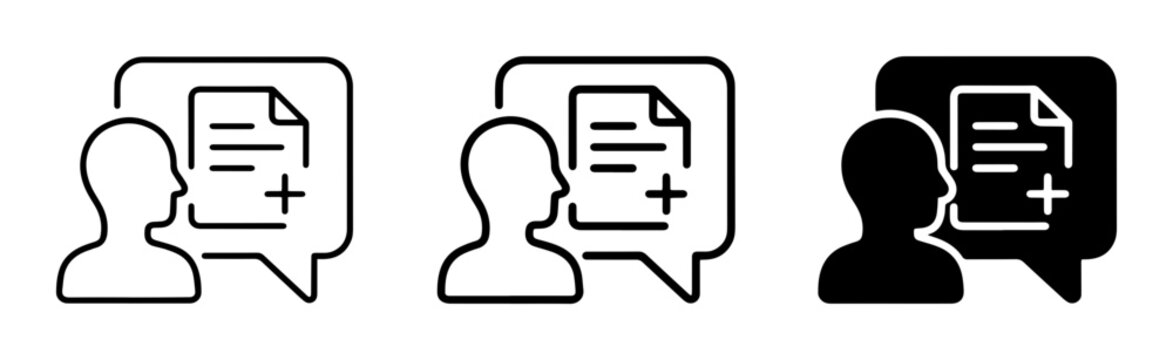 User Communication Icons, Document Chat Symbols, Person Message Graphics