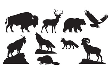 Fototapeta premium Set of wild animal silhouettes including bear deer and eagle
