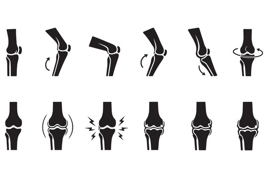 Human knee joint anatomy and movement icons set