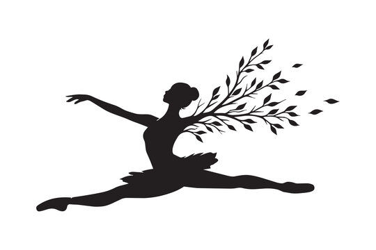 Black silhouette of a dancing ballerina turning into leaves