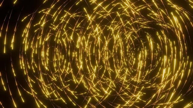 Luxury seamless loop animation of golden light lines forming an organic tunnel with parallax effect, premium camera panning view on black background 3d render