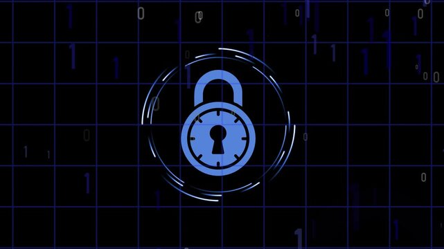 Digital cybersecurity padlock icon with binary data grid in background aa 18.