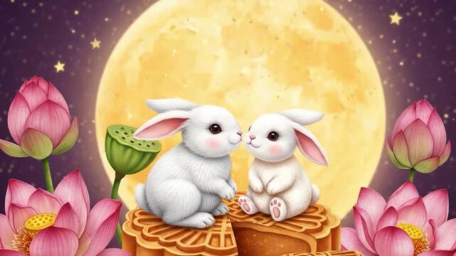 Midautumn festival illustration with rabbits and mooncake