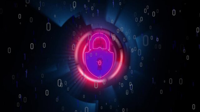 Digital security lock icon with binary code animation.