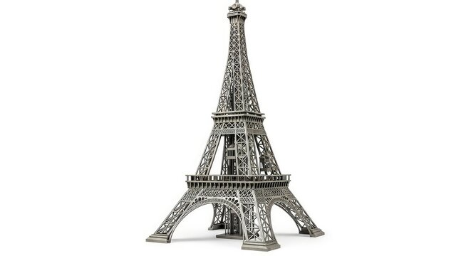 Detailed 3D model of the Eiffel Tower isolated on white background. Metal miniature of the famous Parisian landmark and architectural icon.