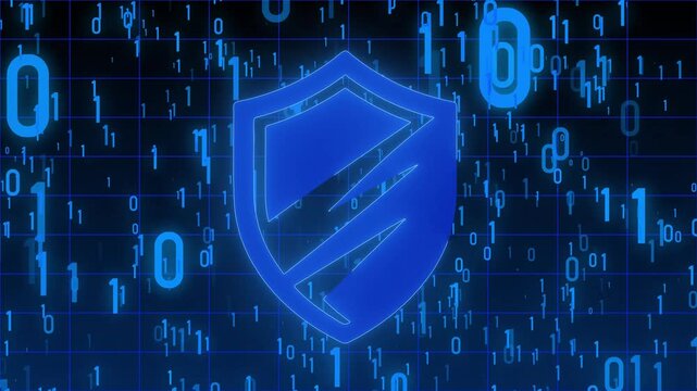 Digital shield icon with falling binary data stream background.