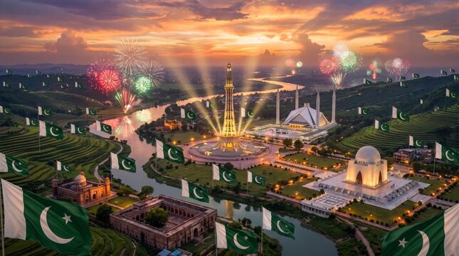 Pakistan independence day fireworks sunset aerial view with minar e pakistan faisal mosque mazar e quaid