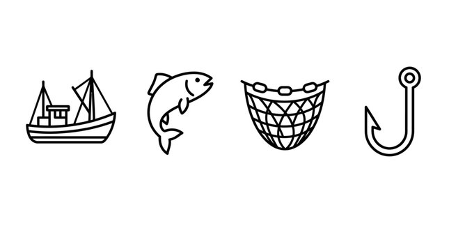 Set of four simple black line icons related to commercial fishing and marine activities.