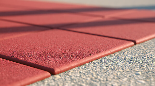 Red rubber playground tiles meet asphalt pavement texture, showing safety surface materials and construction details under bright sunlight with shadow