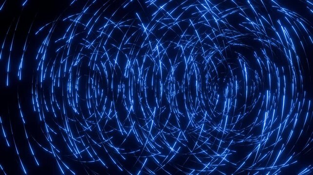 Futuristic seamless loop animation of blue light lines forming an organic tunnel with parallax effect, digital sci-fi AI network background with camera panning 3d render
