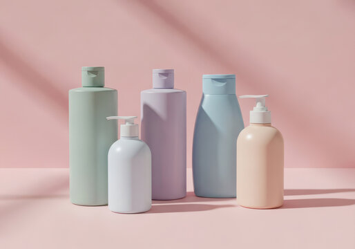 A collection of pastel colored skincare bottles arranged on a pink background