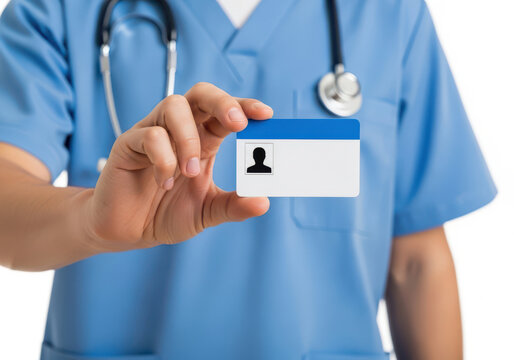A Medical Professional In Blue Scrubs Holding A Blank Identification ID Card