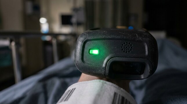 Bedside scanner beep indicator light glowing green after a successful wristband scan