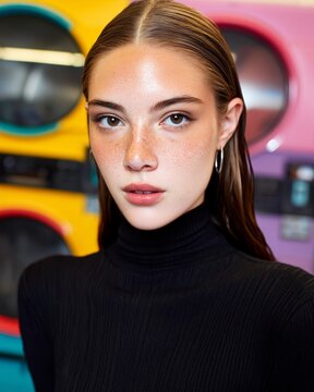 Portrait of a beautiful young woman in a black turtleneck in a colorful laundromat