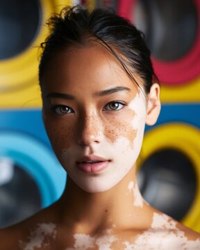 Portrait of a young Asian woman with vitiligo and freckles against a colorful background