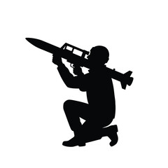 Obraz premium Kneeling Soldier Aiming Rocket Launcher Silhouette Vector Military Action Illustration
