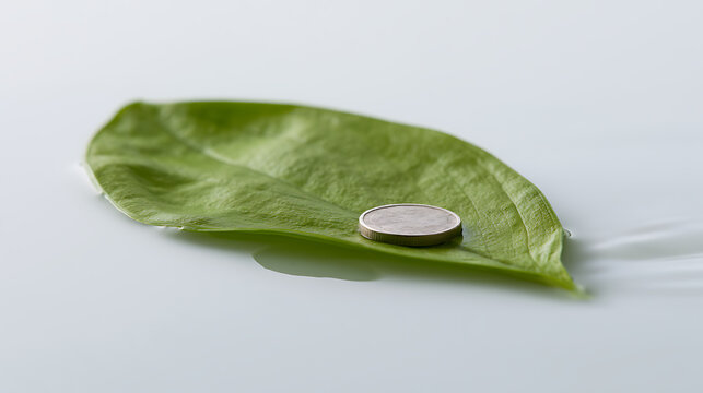 A single coin rests on a vibrant green leaf, floating serenely on a calm body of water with subtle ripples, conveying a sense of balance and ephemeral beauty