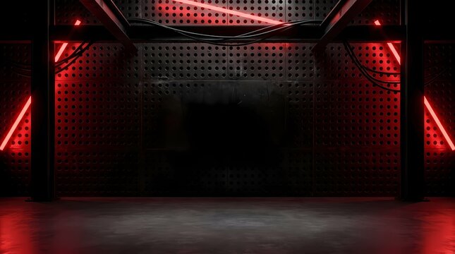 An industrial warehouse interior illuminated by stark red neon lights, featuring metallic grating walls and concrete flooring, creating a dark, atmospheric, and futuristic mood.