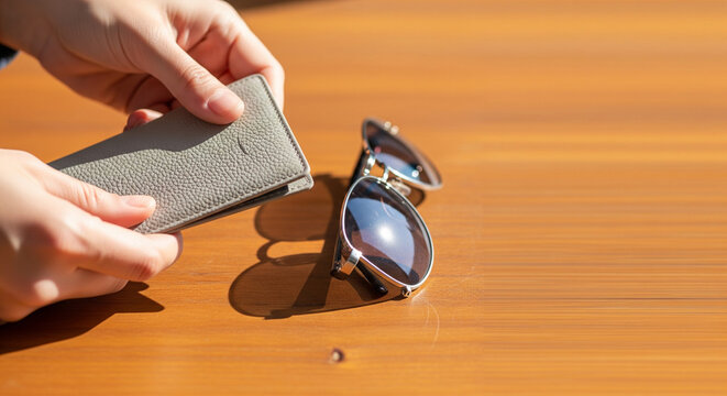 Stylish sunglasses on a warm wooden table, a person's hands placing a gray leather case nearby, sunny outdoor leisure accessory, summer fashion essential.