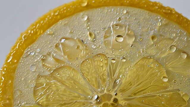 Lemon slice with water drops on white background. Close up.